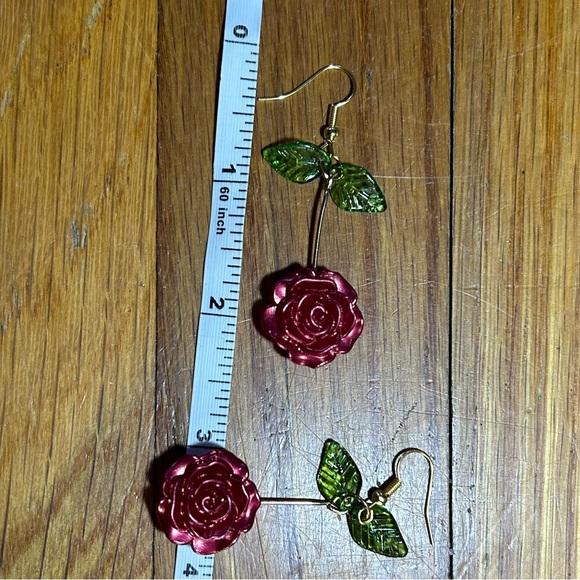 3/$25 Red Rose Earrings with Green Leaves - Picture 3 of 4